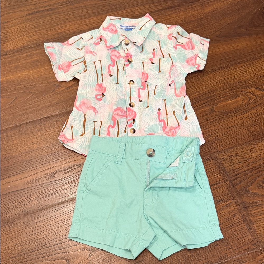 RUGGED BUTTS 🦩 Print Shirt and Mint Shorts Set